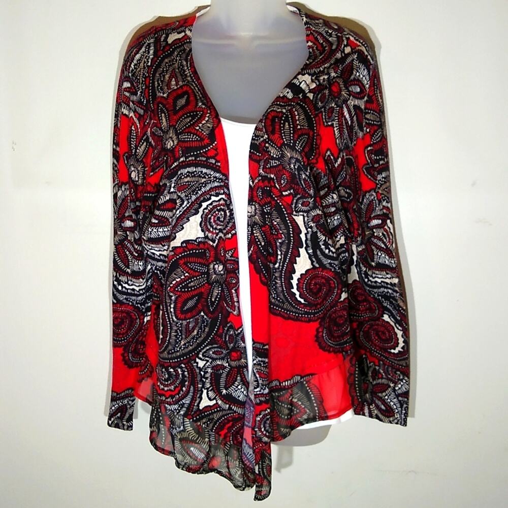 Chico's open front red black cardigan. Size 2(Large)